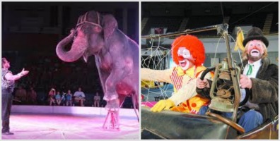 Piccadilly Circus clowns and elephant